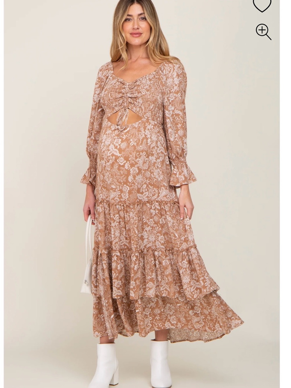 Beige Floral Cutout Smocked Tiered Maternity Maxi Dress